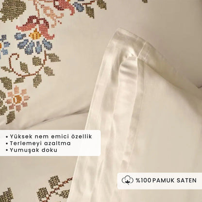 %100 Pamuk Saten Vintage King Size Nevresim Seti Beyaz (240x220 cm)