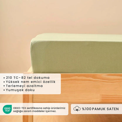 %100 Pamuk Saten Çift Kişilik Düz Çarşaf Sisli Yeşil (240x260 cm)