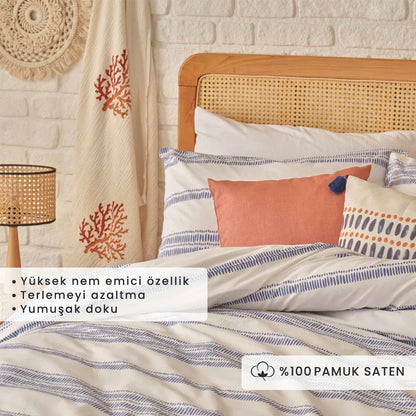 %100 Pamuk Saten Marine King Size Nevresim Seti Mavi (240x220 cm)