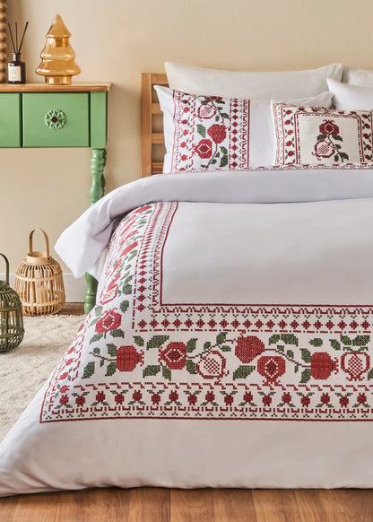 %100 Pamuk Saten Jolly King Size Nevresim Seti Kırmızı-Yeşil (240x220 cm)