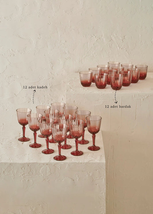 Colore Kesme Bardak-Kadeh Seti 24'lü Gülkurusu