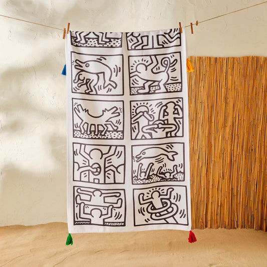 %100 Pamuk Keith Haring Cartoon Püsküllü Plaj Havlusu Siyah-Beyaz (90x160 cm)