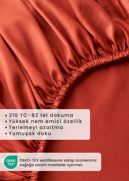 %100 Pamuk Saten Supreme Çift Kişilik Lastikli Çarşaf Kiremit (160x200x35 cm)