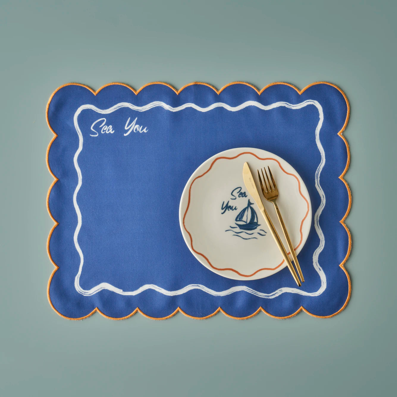 Marine Pamuklu Scallop Kenar Amerikan servis Mavi (35x45 cm)