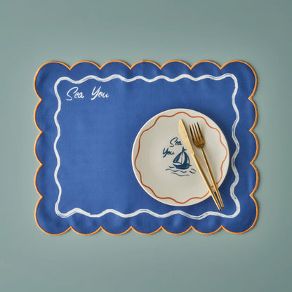 Marine Pamuklu Scallop Kenar Amerikan servis Mavi (35x45 cm)
