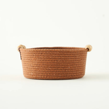 %100 Pamuk Linoa Boncuk Kulplu Sepet Kahverengi (19x19x8 cm)