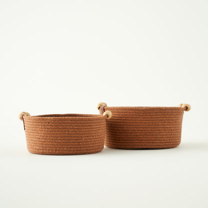 %100 Pamuk Linoa Boncuk Kulplu Sepet Kahverengi (21x21x10 cm) - 19x19x8 cm - KAHVERENGİ - 4