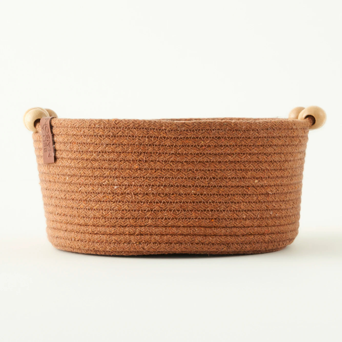 %100 Pamuk Linoa Boncuk Kulplu Sepet Kahverengi (21x21x10 cm)