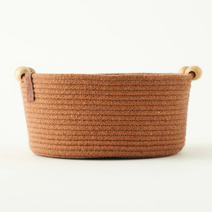 %100 Pamuk Linoa Boncuk Kulplu Sepet Kahverengi (21x21x10 cm)