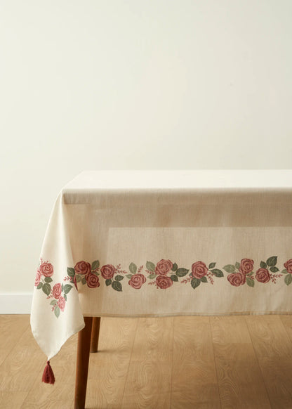 Rose Baskılı Masa Örtüsü Krem (150x250 cm)