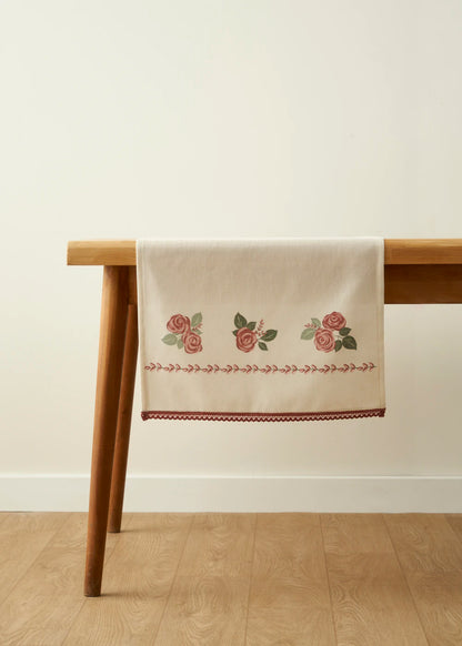Rose Baskılı Kopanakili Runner Krem (50x150 cm)