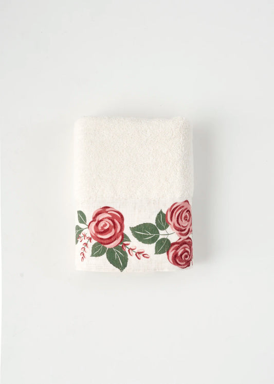 %100 Pamuk Rose Baskılı El Havlusu Krem (30x50 cm)