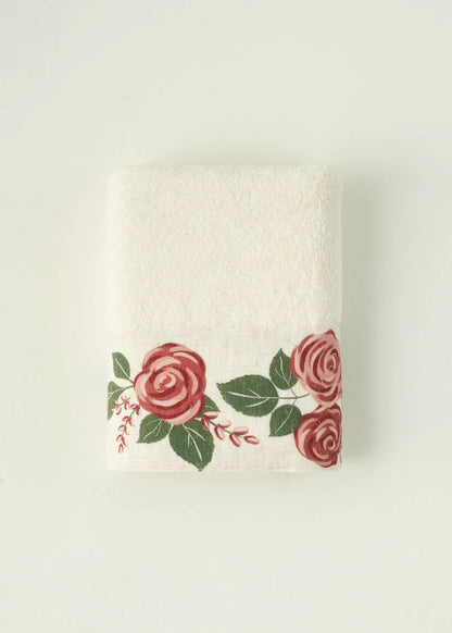 %100 Pamuk Rose Baskılı Yüz Havlusu Krem (50x90 cm)