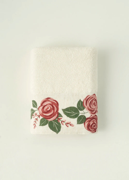 %100 Pamuk Rose Baskılı Yüz Havlusu Krem (50x90 cm)