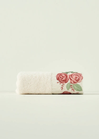 %100 Pamuk Rose Baskılı Yüz Havlusu Krem (50x90 cm)