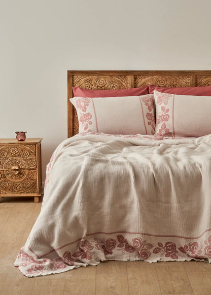 %100 Pamuk Rose Jakarlı Çift Kişilik Yatak Örtüsü Seti Krem (240x260 cm)