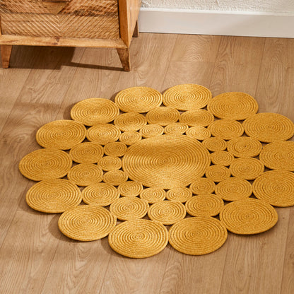 Rina Jüt Görünümlü El Dikişi Papatya Kilim Hardal (120x120 cm)