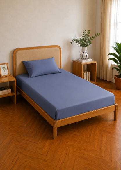 %100 Pamuk Saten Supreme Basic Tek Kişilik Lastikli Çarşaf Mavi (100x200x35 cm)