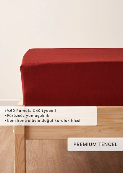 Premium Tencel Çift Kişilik Lastikli Saten Çarşaf Bordo (160x200x35 cm)