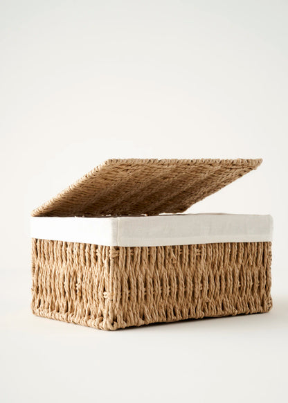 Talie Bezli Kapaklı Sepet Naturel (30x21x15 cm)