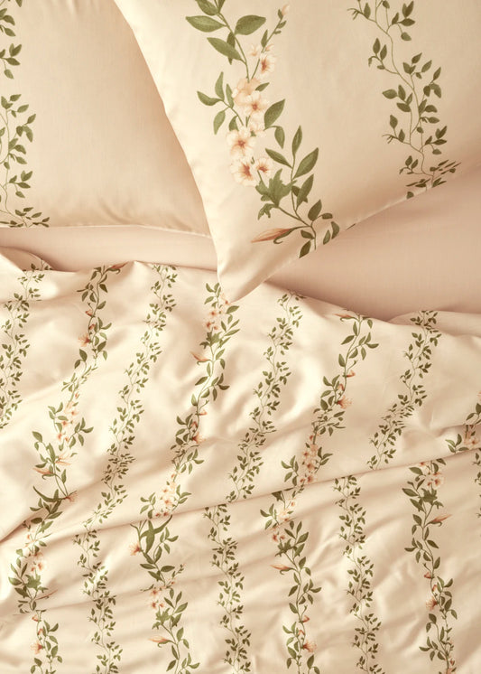 %100 Pamuk Saten Flora Çift Kişilik Nevresim Takımı Bej (200x220 cm)