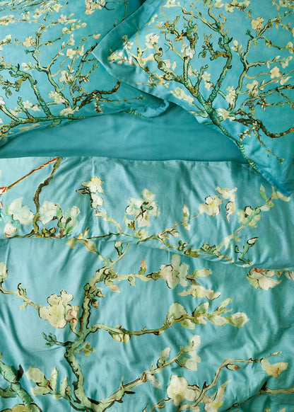 %100 Pamuk Saten Van Gogh Almond Blossom King Size Nevresim Takımı Turkuaz (240x220 cm)
