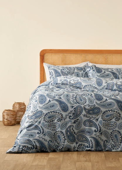 %100 Pamuk Saten Paisley Çift Kişilik Nevresim Takımı Mavi (200x220 cm)
