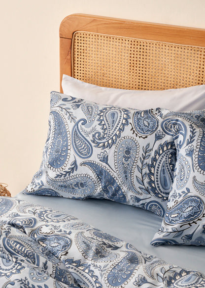 %100 Pamuk Saten Paisley Çift Kişilik Nevresim Takımı Mavi (200x220 cm)