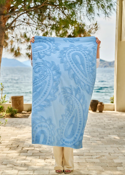 %100 Pamuk Paisley Jakarlı Plaj Havlusu Mavi (90x160 cm)