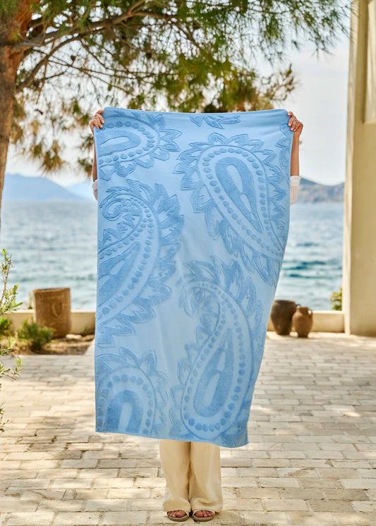 %100 Pamuk Paisley Jakarlı Plaj Havlusu Mavi (90x160 cm)