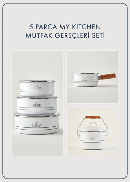 My Kitchen 5 Parça Emaye Mutfak Gereçleri Seti Beyaz