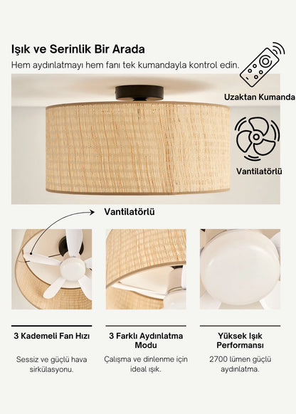 Riolio Vantilatörlü Hasır Avize Krem (46x30 cm)