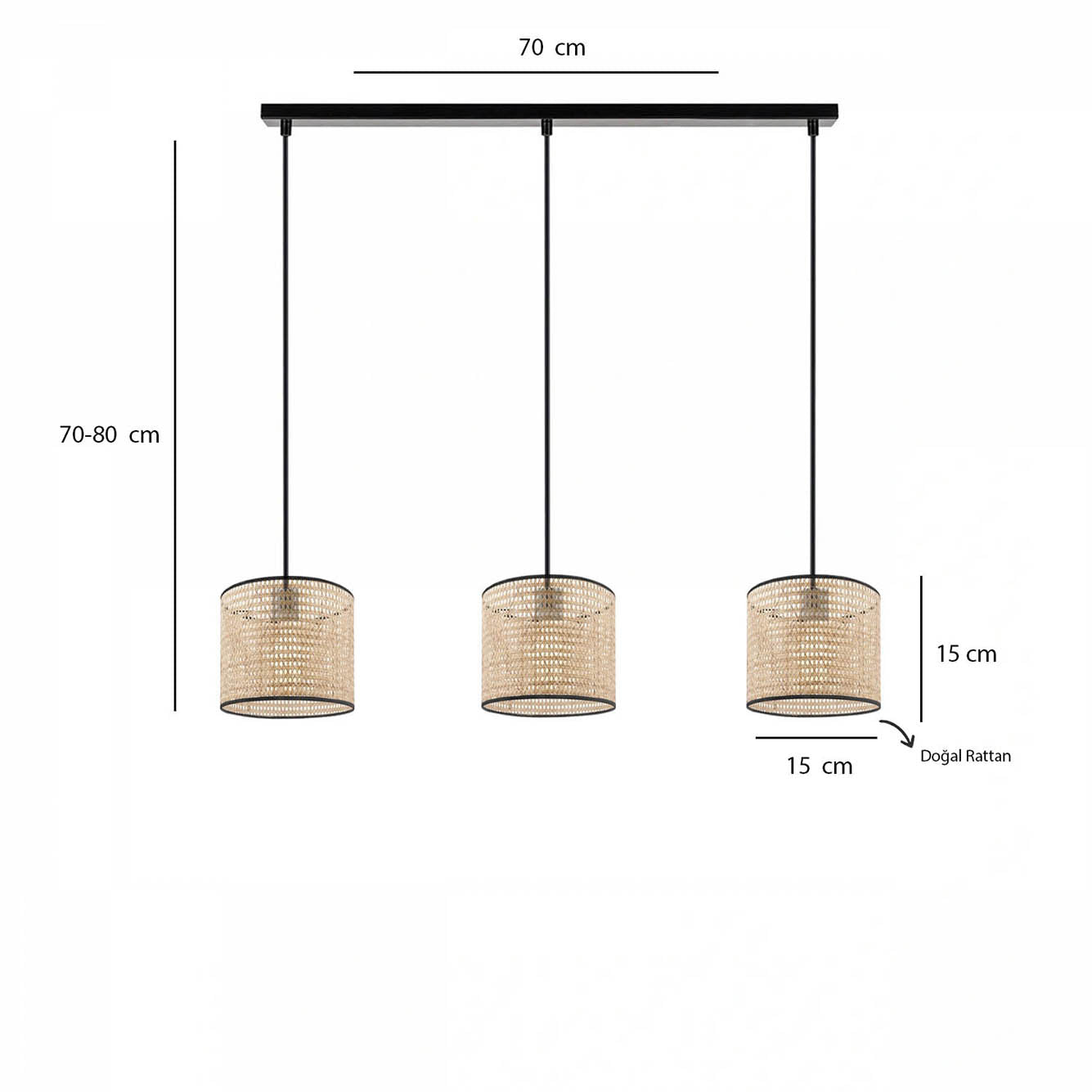 3'lü Sıralı Rattan Hazeran Sarkıt Bej (15x15x70 cm) - 3