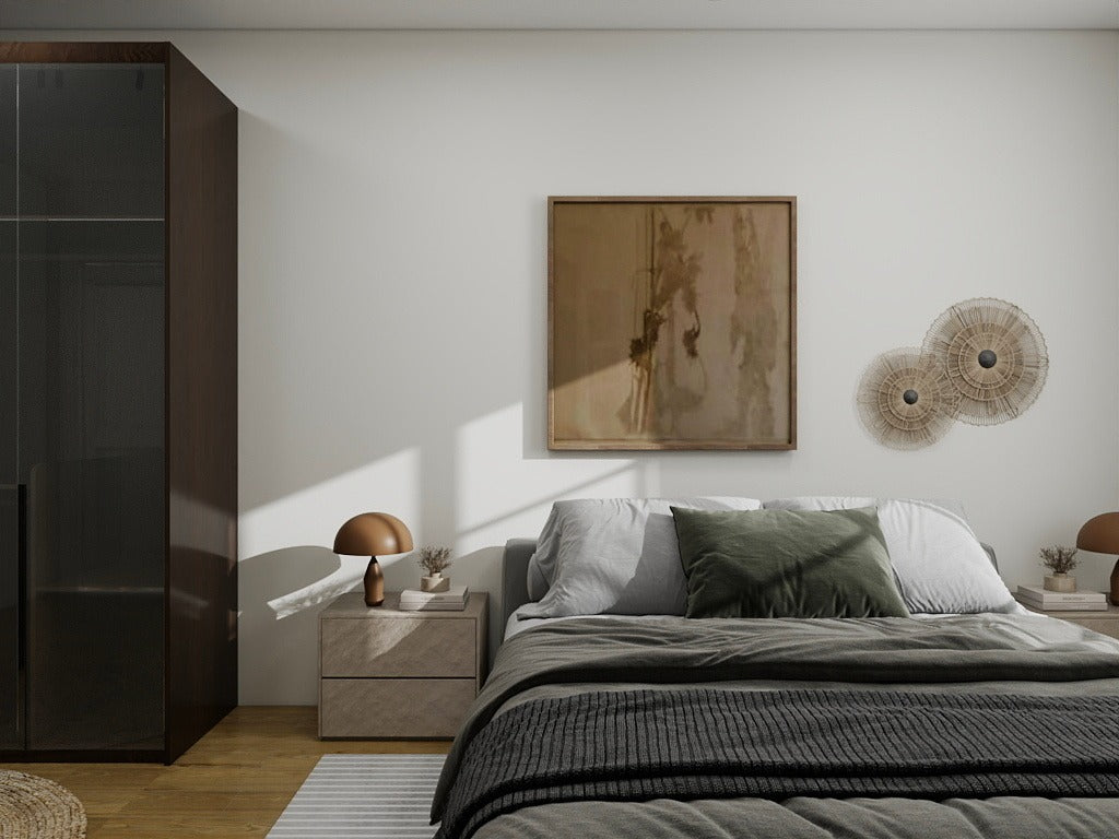 Modern yatak odası iç mekan tasarımı - yeşil tonlarda yatak örtüsü ve doğal dekorasyon detayları